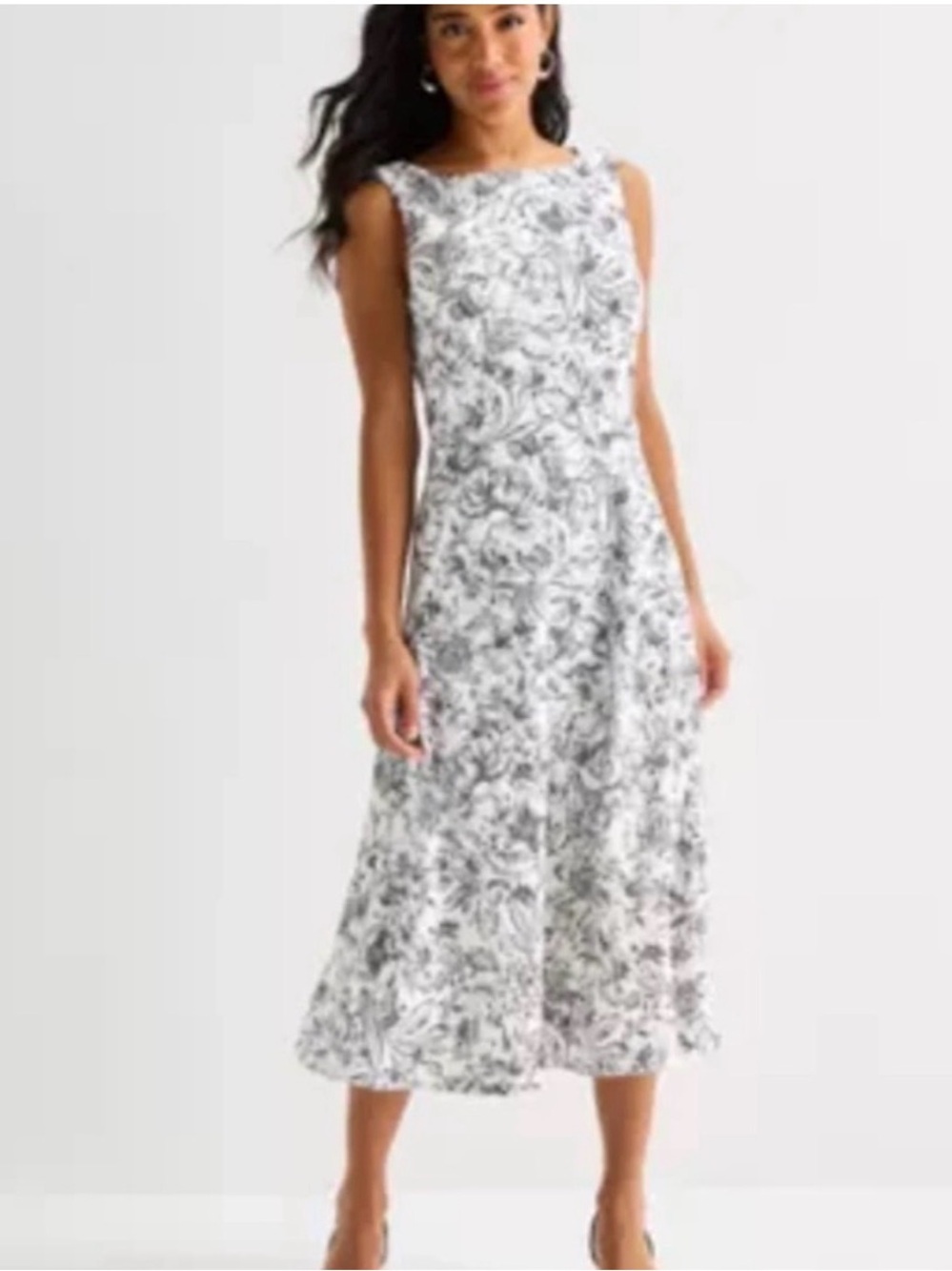 Marc New York Black & White Floral Boatneck A-Line Midi Dress